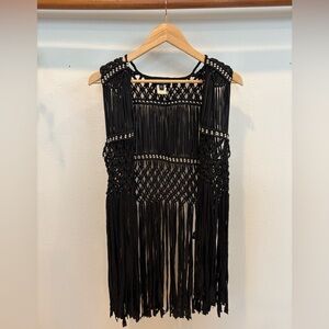 Black Boho Macramé Fringe Vest with Stud Details